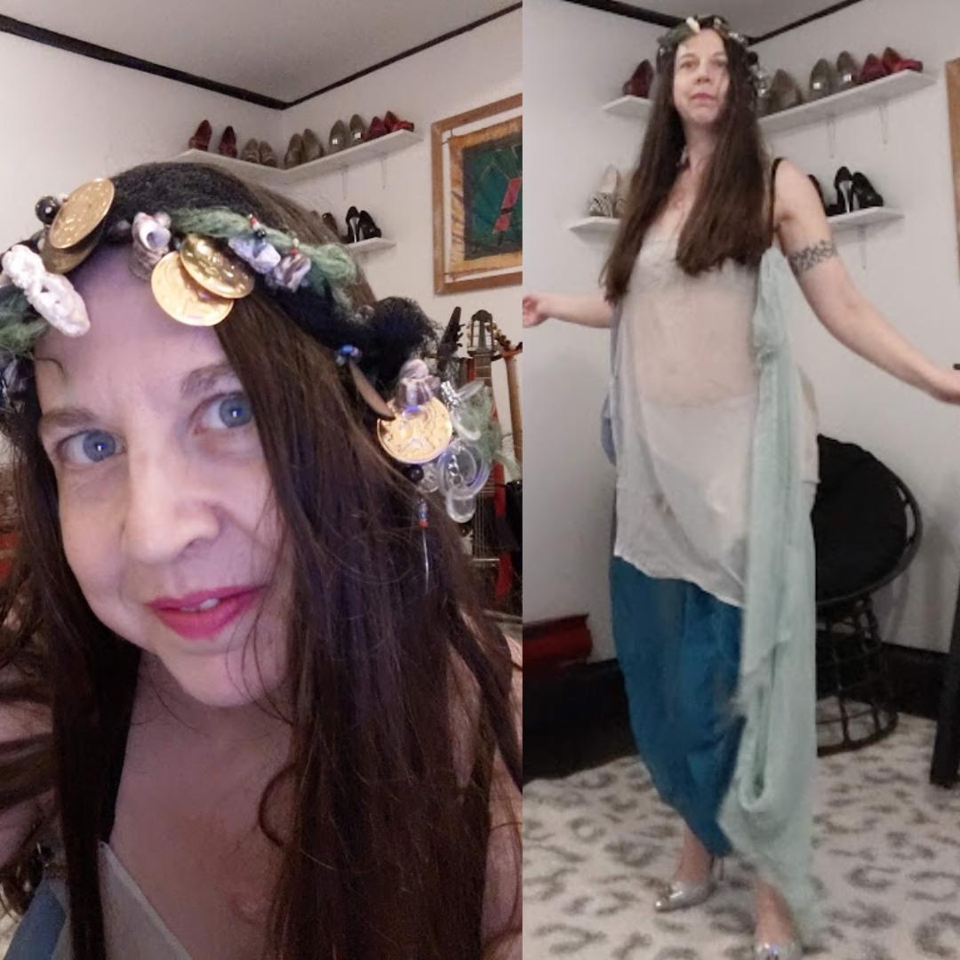 Two images side by side of a white woman in a diaphanous sea nymph costume comprised mainly of blue and white scarves.  There is a close-up of her face wearing a headdress made of netting, sea-shells, and fake coins. 
